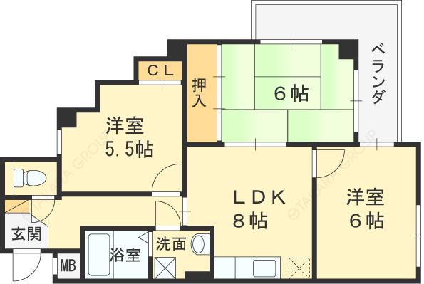 ベルハウス高槻(3DK/1階)の間取り写真