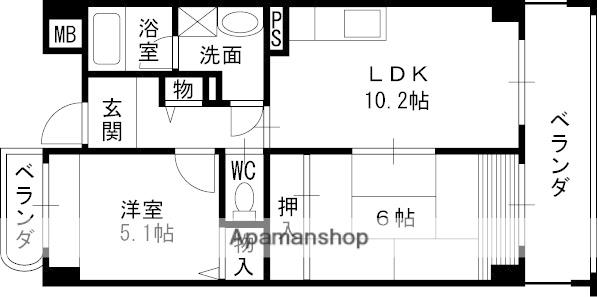 阪急電鉄神戸線 西宮北口駅 徒歩8分 5階建 築25年(2LDK/1階)の間取り写真