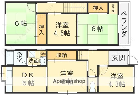 近鉄難波・奈良線 瓢箪山駅(大阪) 徒歩11分 2階建 築42年(5K)の間取り写真