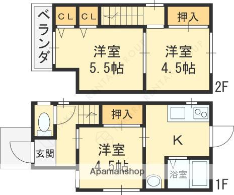 近鉄難波・奈良線 河内花園駅 徒歩12分 2階建 築26年(3K)の間取り写真