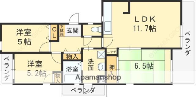 グランビュー山手(3LDK/3階)の間取り写真