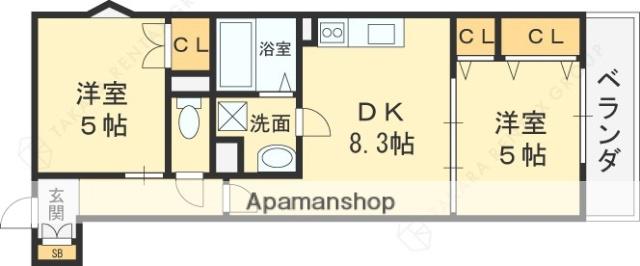 クリエオーレ東石切(2DK/1階)の間取り写真