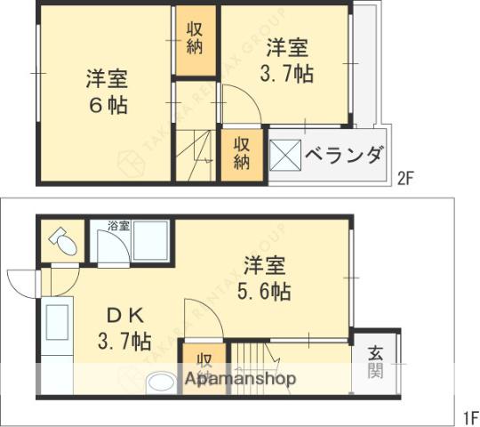 近鉄難波・奈良線 瓢箪山駅(大阪) 徒歩27分 2階建 築47年(2DK)の間取り写真