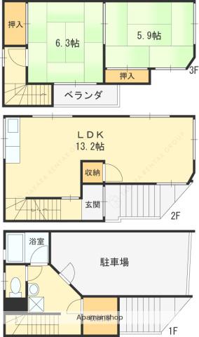 近鉄難波・奈良線 瓢箪山駅(大阪) 徒歩23分 3階建 築41年(2LDK)の間取り写真