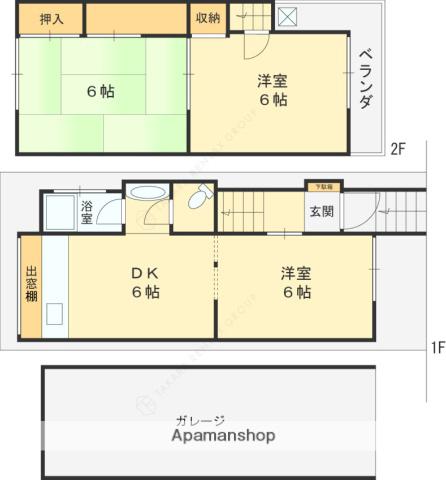 近鉄難波・奈良線 瓢箪山駅(大阪) 徒歩25分 2階建 築45年(3DK)の間取り写真