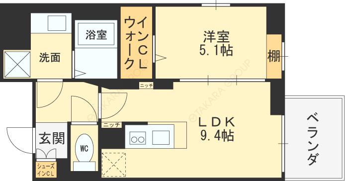 プレミアム菱屋西(1LDK/4階)の間取り写真