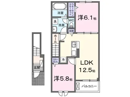 カーサデラヴィータ(2LDK/2階)の間取り写真