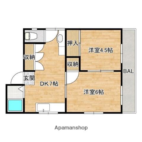 東海道本線 立花駅 徒歩19分 3階建 築53年(2DK/3階)の間取り写真