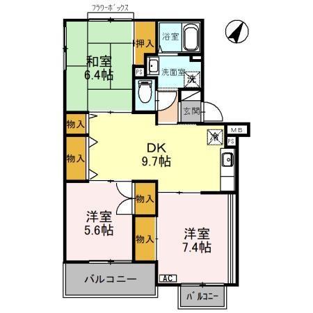 サンライズ星田B棟(3DK/1階)の間取り写真