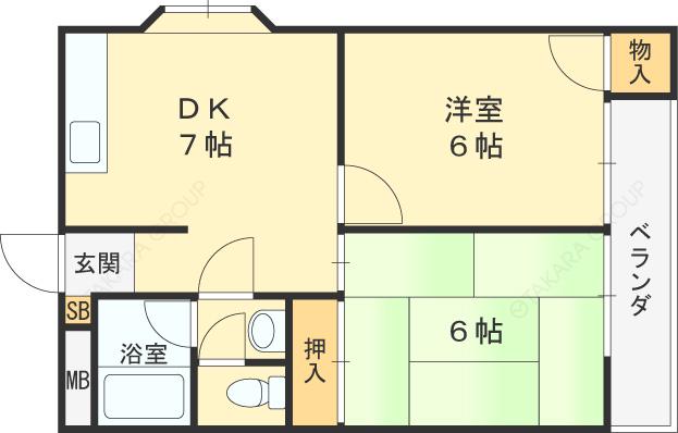 デイグラン大阪城イースト(2DK/5階)の間取り写真