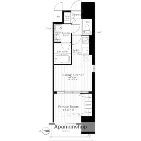 扇町公園プライマリーワン(1DK/7階)の間取り写真