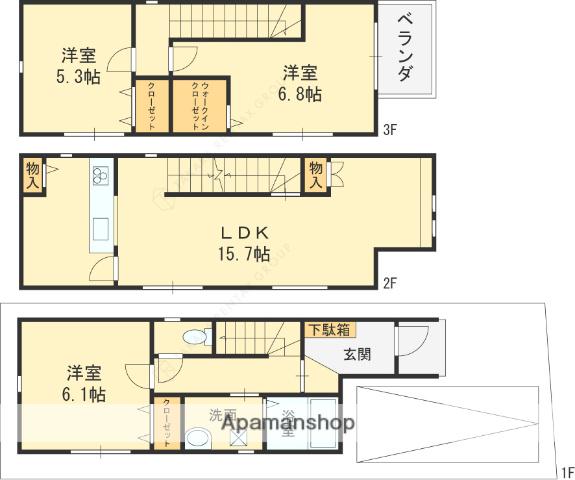 近鉄難波・奈良線 瓢箪山駅(大阪) 徒歩18分 3階建 築1年(3LDK)の間取り写真