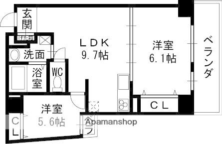 グランガーデン足代新町(2DK/5階)の間取り写真