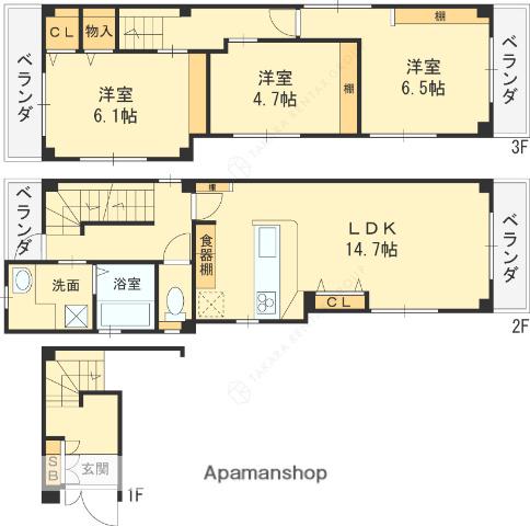 近鉄難波・奈良線 東花園駅 徒歩19分 3階建 築24年(3LDK)の間取り写真