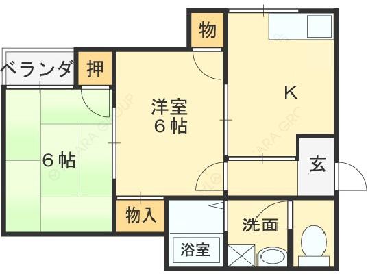 ビートル山本北C棟(2K/1階)の間取り写真