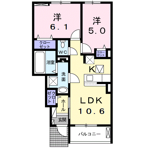 プラシードⅡ B棟(2LDK/1階)の間取り写真