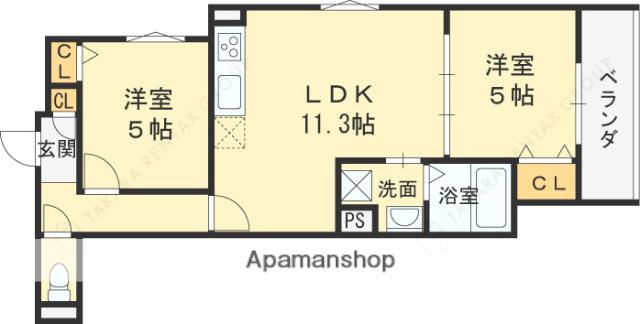 クリエオーレ初芝(2LDK/3階)の間取り写真