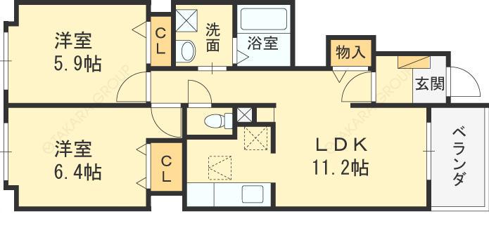 カーサ・フローレス(2LDK/1階)の間取り写真