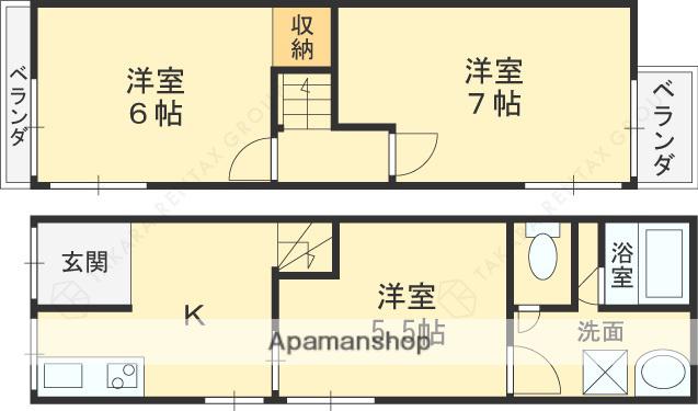 近鉄難波・奈良線 東花園駅 徒歩7分 2階建 築55年(3K)の間取り写真