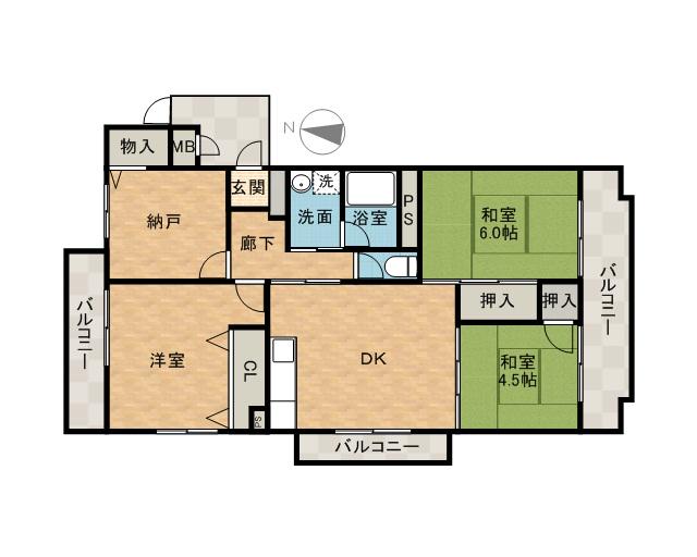 尾勝山ハイツ(4DK/3階)の間取り写真
