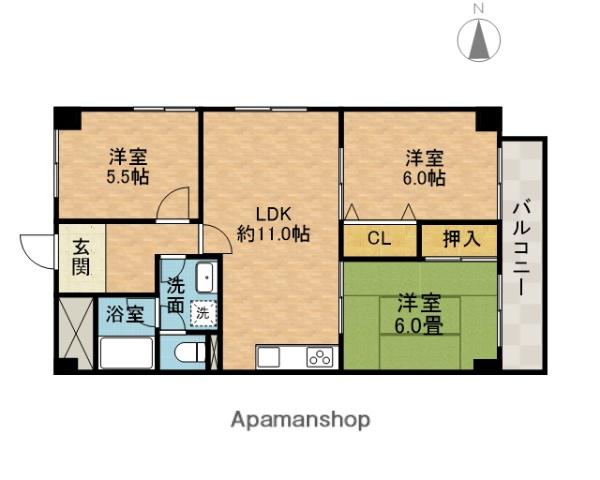 ルルーディー古川(3LDK/3階)の間取り写真