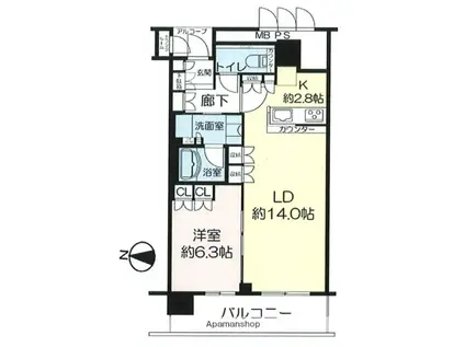 ジオタワー高槻ミューズフロント(1LDK/8階)の間取り写真