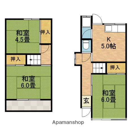 阪急電鉄京都線 富田駅(大阪) バス乗車時間：16分 芝生住宅東口バス停で下車 徒歩1分 2階建 築51年(3K)の間取り写真