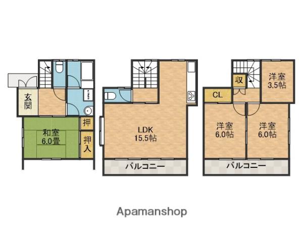 東海道本線 高槻駅 バス乗車時間：7分 浦堂バス停で下車 徒歩7分 3階建 築30年(4LDK)の間取り写真