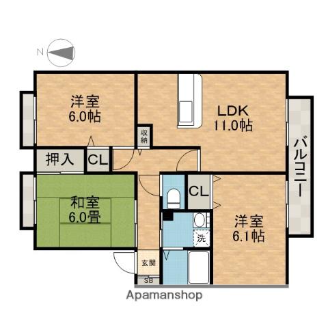 サンビレッジ南春日丘K棟(3LDK/1階)の間取り写真