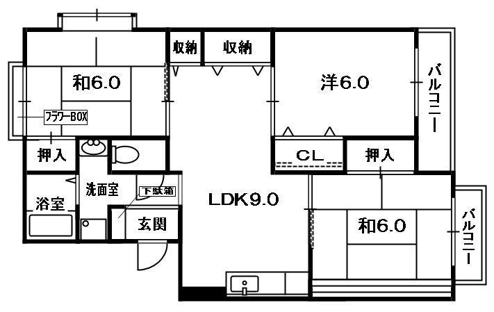 サンライズ星田B棟(3DK/3階)の間取り写真