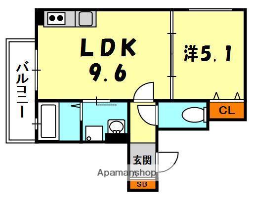 クリエオーレ萱島東(1LDK/1階)の間取り写真