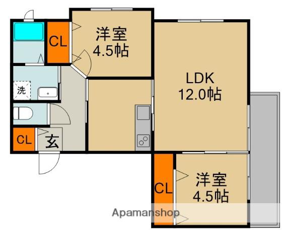 シャンテー東香里(2LDK/3階)の間取り写真