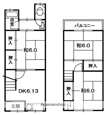 枚方市東山１丁目高橋貸家（左から２番目）(3DK)の間取り写真
