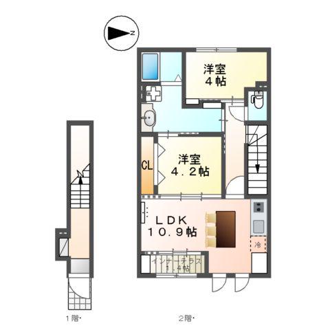 大阪府松原市丹南アパート(2LDK/2階)の間取り写真