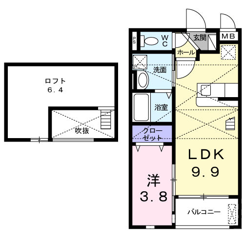 カーサデカローレ(1LDK/2階)の間取り写真