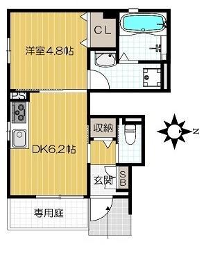 グラーティアムA棟(1DK/1階)の間取り写真