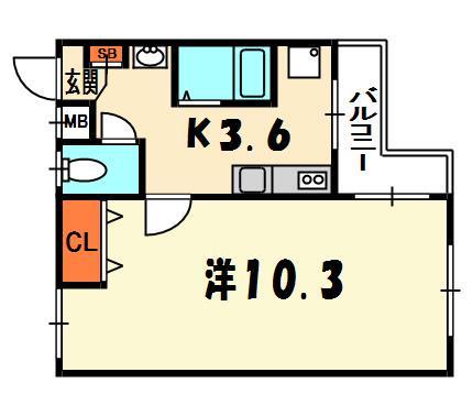 WITH GREEN(1K/2階)の間取り写真