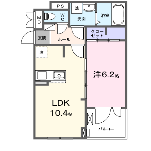 パインオークB棟(1LDK/2階)の間取り写真