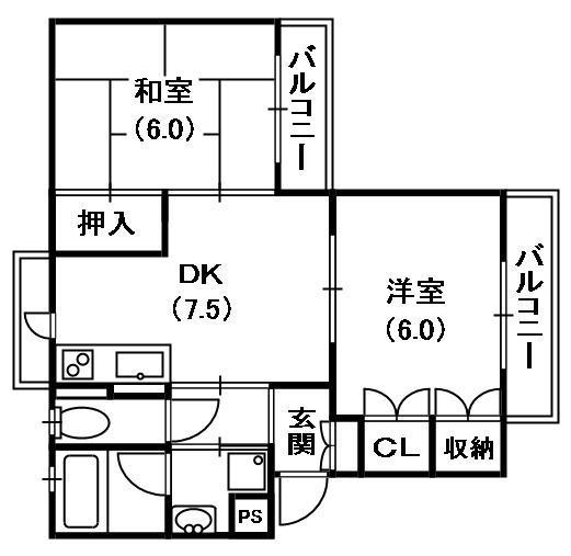 ヴレ・ロワイヤル(2DK/2階)の間取り写真