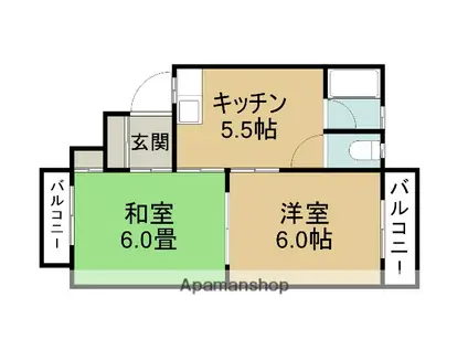 箕面ハニーハイツ(2K/2階)の間取り写真