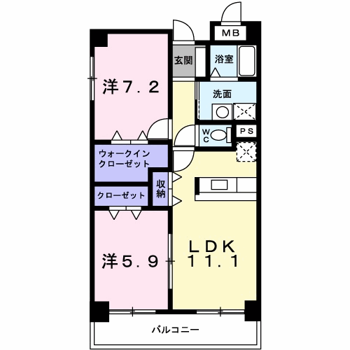 プラシード鼓が滝(2LDK/1階)の間取り写真