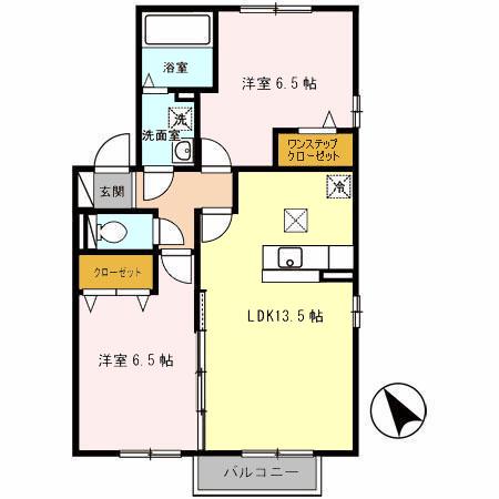 グランボヌール花屋敷 B棟(2LDK/1階)の間取り写真