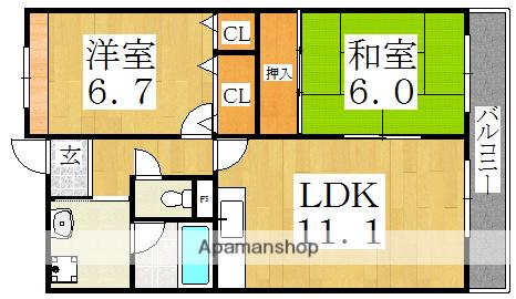 プリムヴェール瓜破(2LDK/5階)の間取り写真