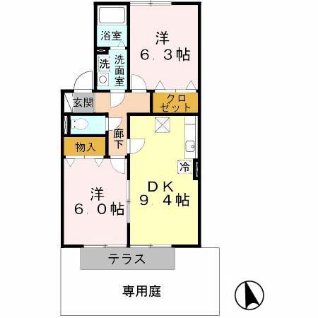 プルーニア天美B棟(2DK/1階)の間取り写真