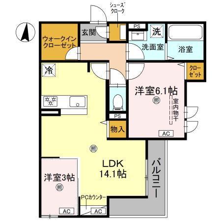 CASA MUKAINO(2LDK/2階)の間取り写真
