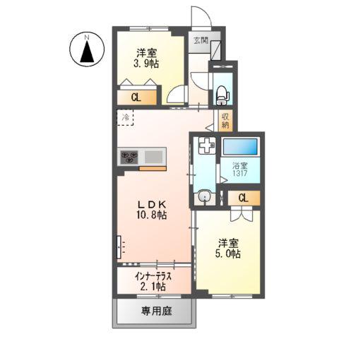 リヴォラルコート若江(2LDK/1階)の間取り写真