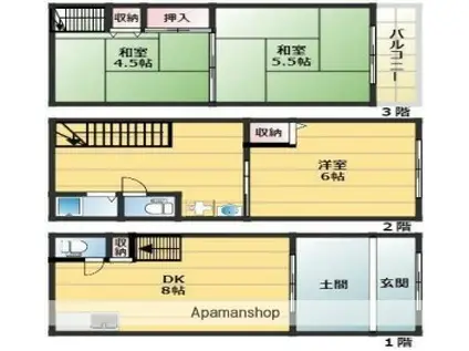 阪神電鉄阪神なんば 千鳥橋駅 徒歩3分 3階建 築58年(3DK)の間取り写真