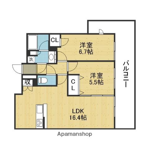 ミラージュパレス四天王寺夕陽丘(2LDK/4階)の間取り写真
