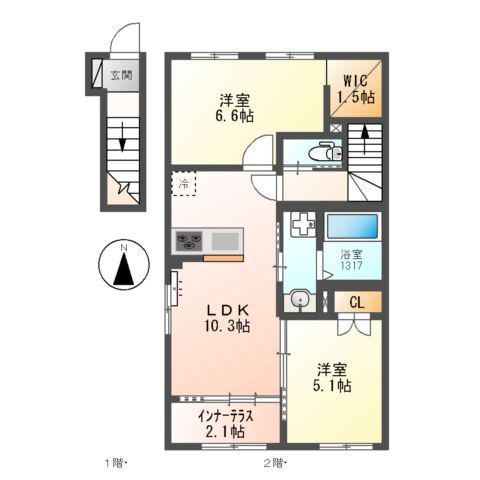 リヴォラルコート若江(2LDK/2階)の間取り写真