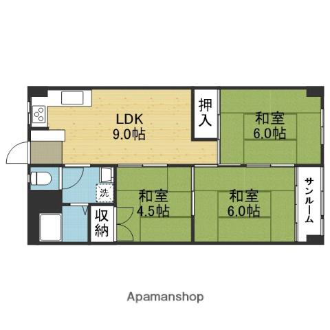 烏ヶ辻コーポ(3LDK/6階)の間取り写真